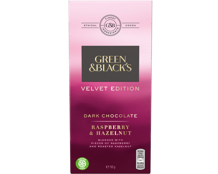 Green & Blacks Velvet Raspberry Hazelnut Chocolate Bar 90g x 18