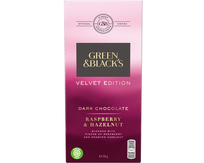 Green & Blacks Velvet Raspberry Hazelnut Chocolate Bar 90g x 18